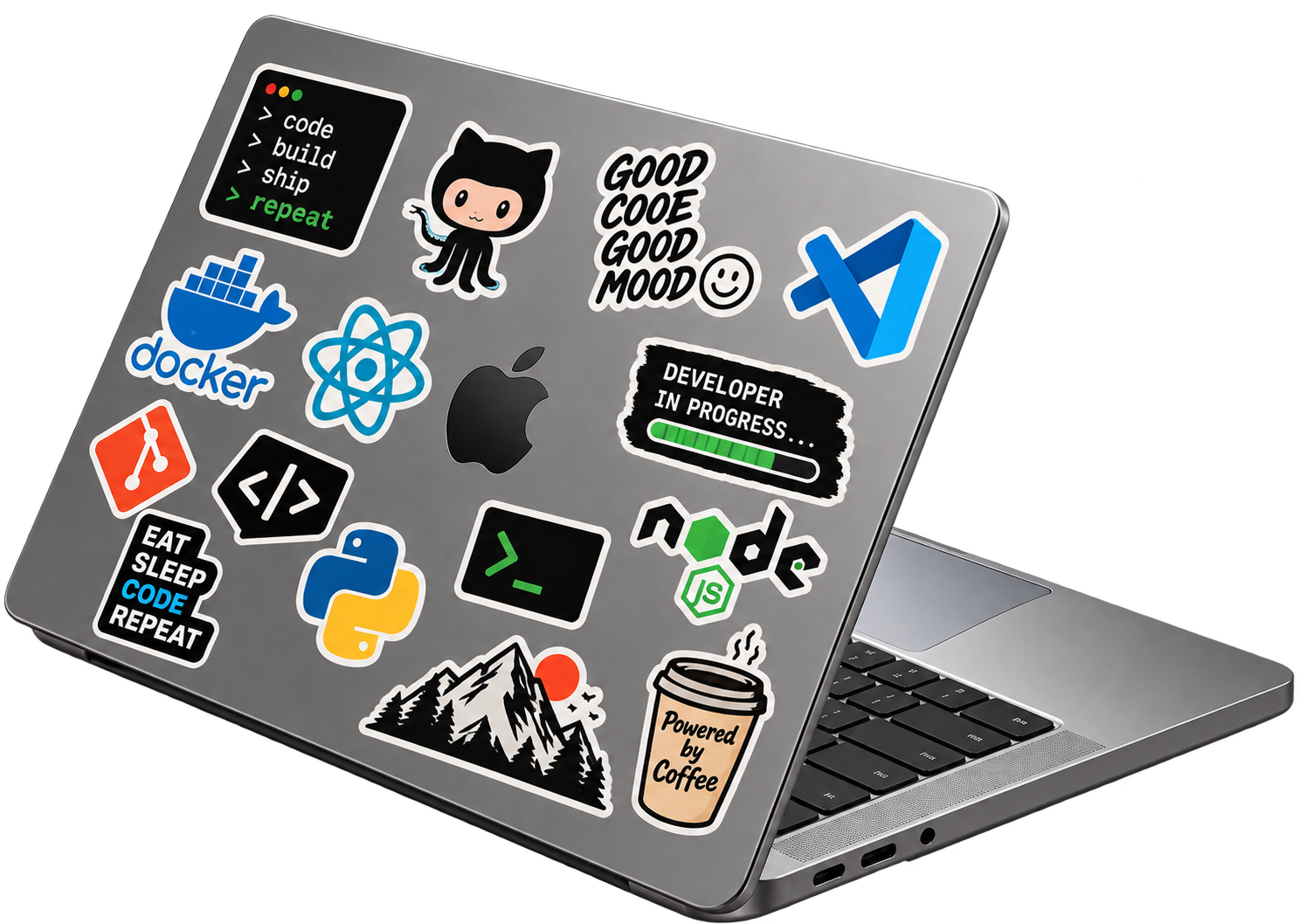 a laptop covered in stickers